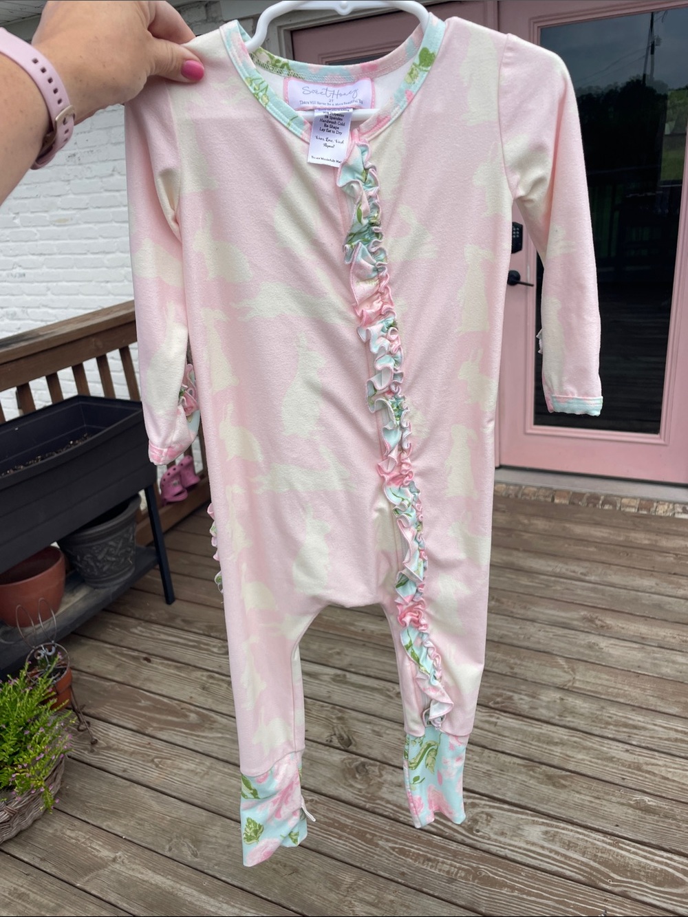 SweetHoney Pink and Cream Ruffle-Trim One-Piece Footie